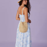 Renata | O Rochie Midi Albastră cu Imprimeu Floral, Decolteu Pătrat și Franzit"