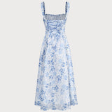 Renata | O Rochie Midi Albastră cu Imprimeu Floral, Decolteu Pătrat și Franzit"