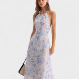 Clarice | Rochie Midi Albastră Florală cu Decolteu Halter