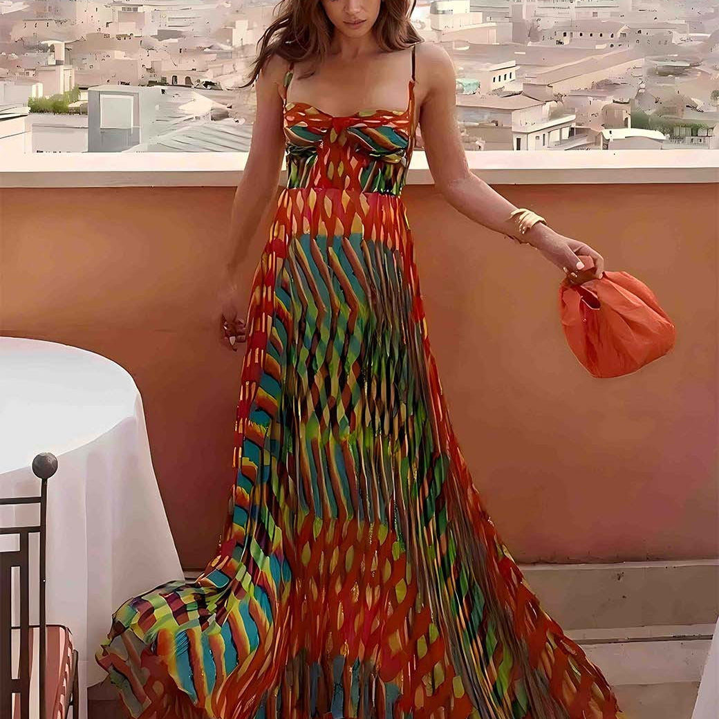 Aria | Rochie Maxi Cu Imprimare Abstractă Fără Mâneci cu Croială A-Line